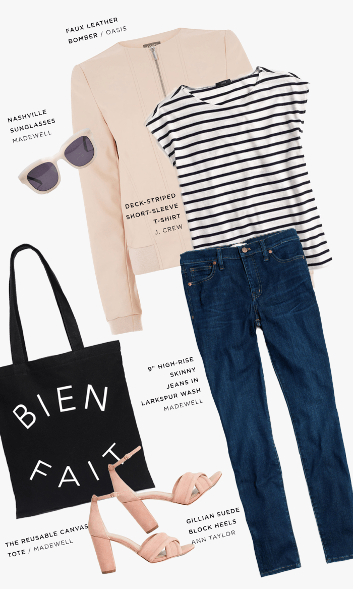 1. Bomber, Oasis, $90 / 2. Sunglasses, Madewell, $55 / 3. Tee, J.Crew, $40 / 4. Jeans, Madewell, $135 / 5. Tote, Madewell, $5 / 6. Heels, Ann Taylor, $148