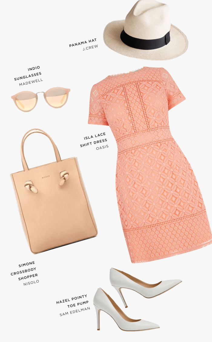 1. Hat, J.Crew, $58 / 2. Sunglasses, Madewell, $55 / 3. Dress, Oasis, $58 / 4. Bag, Nisolo, $158 / 5. Heels, Sam Edelman, $120