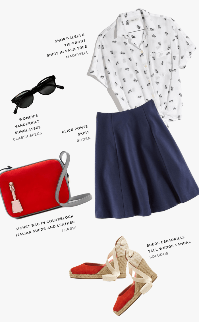 1. Button-Up, Madewell, $70 / 2. Sunglasses, Classic Specs, $99 / 3. Skirt, Boden, $49 / 4. Purse, J.Crew, $128 / 5. Wedges, Soludos, $75