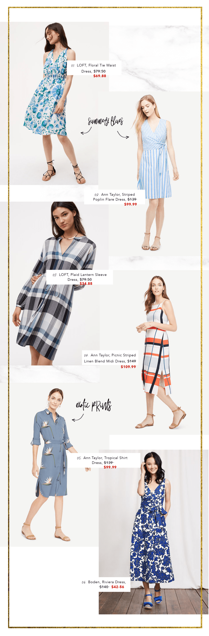 1. Loft, $70 / 2. Ann Taylor, $100 / 3. Loft, $35 / 4. Ann Taylor, $110 / 5. Ann Taylor, $100 / 6. Boden, $56