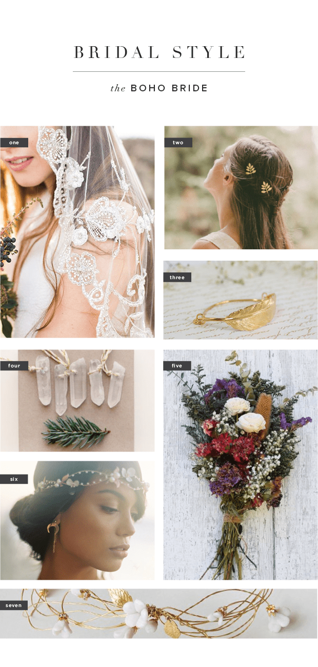 1. BrideLaBoheme, $520 / 2. EchoandLaurel, $45 / 3. GazelleJewelry, $50 / 4. WhichGoose, $18 / 5. MarlipaigeDesigns, $65 / 6. EricaElizabethDesign, $460 / 7. Elibre, $135