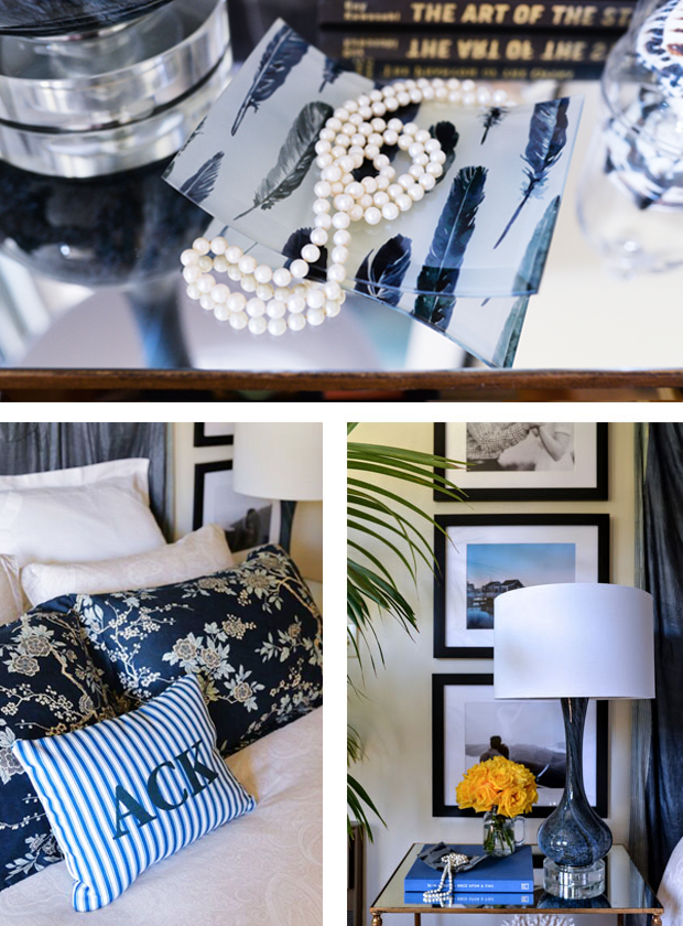 Simple touches like this multi-use glass (top) printed with an image of my own choosing or a custom throw pillow (left) that reminds me of my favorite vacation spot (ACK airport serves Nantucket) make my bedroom all the more inviting.