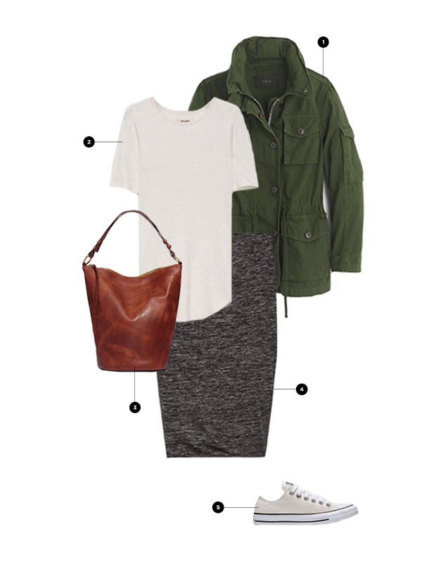 1. J.Crew, $178 / 2. Aritzia, $40 / 3. Madewell, $149 / 4. Aritzia, $75 / 5. Converse, $50