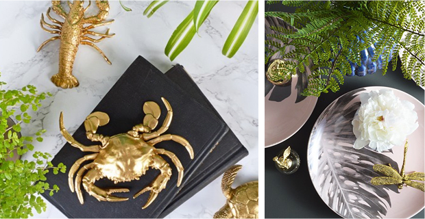 Spray paint plastic sea creatures in gold to create affordable statement pieces. Or pick out a gilded dragonfly or butterfly to add whimsy and character to plain tables, shelves, or other surfaces.