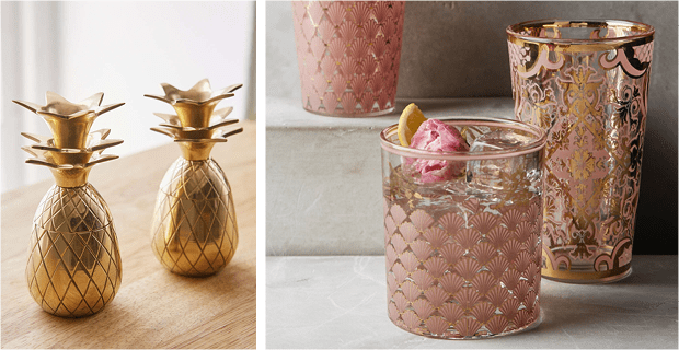 The tops of these adorable pineapple glasses double as stands for each cup. The modernized motifs on these cocktail glasses were inspired by ornate vintage barware.
