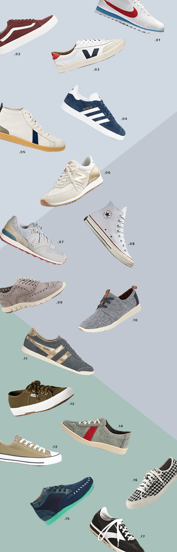 1. Nike, $100 / 2. Vans, $97 / 3. Veja, $146 / 4. Adidas, $121 / 5. Sawas Shoes, $45 / 6. New Balance, $80 / 7. New Balance, $80 / 8. Converse, $85 / 9. Cole Haan, $200 / 10. TOMS, $79 / 11. Gola, $89 / 12. Superga, $65 / 13. Converse, $73 / 14. Sawas Shoes, $56 / 15. Veja, $140 / 16. Seavees, $88 / 17. Brooks Heritage, $75