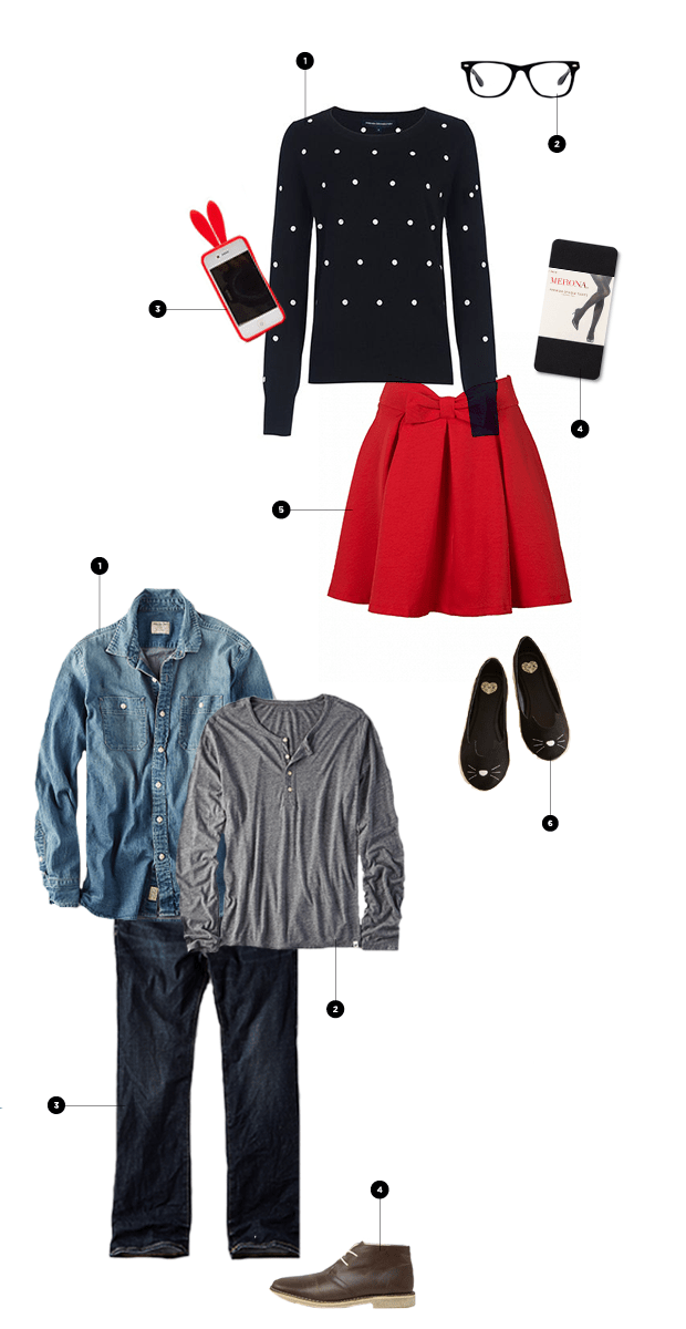 Jess: 1. French Connection, $86 / 2. Eye Buy Direct, $19 / 3. Amazon, $6 / 4. Target, $10 / 5. Choies, $17 / 6. ModCloth, $60 // Nick: 1. AEO, $55 / 2. AEO, $15 / 3. AEO, $50 / 4. ASOS, $73