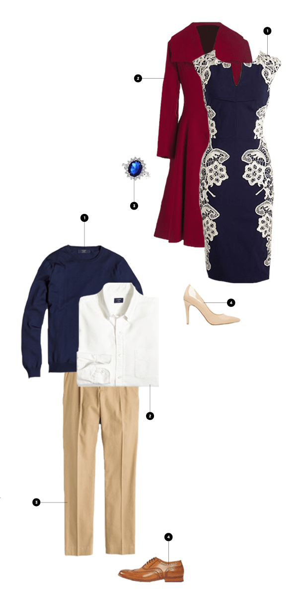 Kate: 1. ModCloth, $100 / 2. ModCloth, $170 / 3. Bling Jewelry, $16 / 4. ASOS, $30 (similar) // William: 1. J.Crew, $45 / 2. J.Crew, $36 / 3. J.Crew, $75 / 4. ASOS, $89