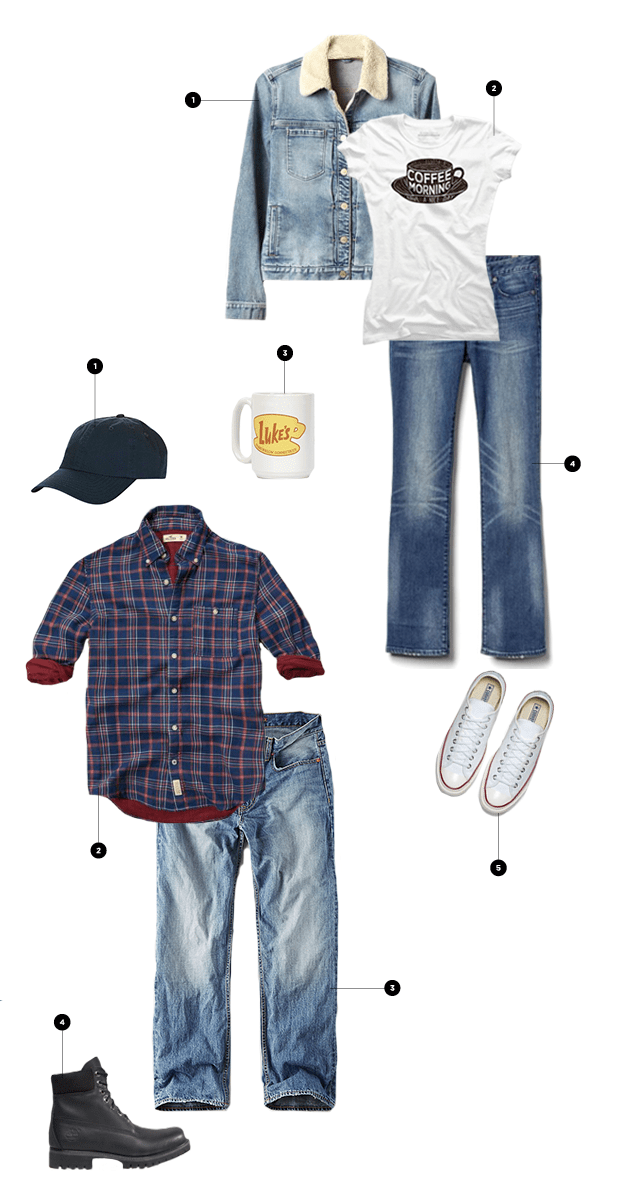 Lorelei: 1. Gap, $80 / 2. Design By Humans, $24 / 3. Look Human, $15 / 4. Gap, $70 / 5. Converse, $80 // Luke: 1. Topshop, $15 / 2. Hollister, $50 / 3. AEO, $45 / 4. ASOS, $258