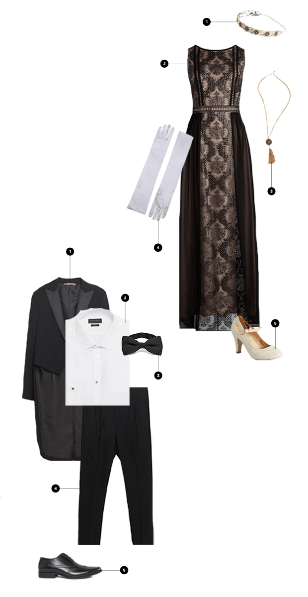 Mary: 1. ModCloth, $15 / 2. ModCloth, $130 / 3. ModCloth, $20 / 4. Walmart, $5 / 5. ModCloth, $40 // Matthew: 1. Zara, $170 / 2. Zara, $40 / 3. Solid Color Neckties, $3 / 4. Zara, $80 / 5. ASOS, $110