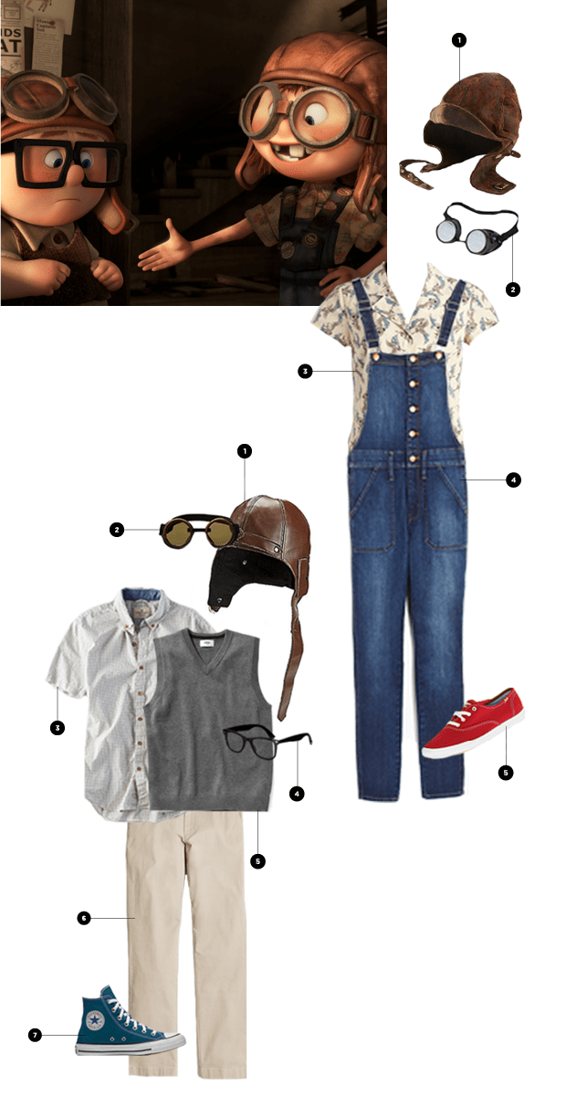 Carl: 1. Spirit Halloween, $8 / 2. Amazon, $5 / 3. AEO, $40 / 4. Asos, $13 / 5. Old Navy, $23 / 6. J.Crew Factory. $45 / 7. Converse, $40 // Ellie: 1. Spirit Halloween, $25 / 2. eBay, $11 / 3. ModCloth, $20 / 4. Madewell, $148 / 5. Ked, $30