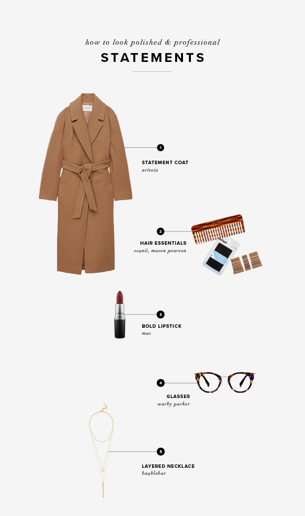 1. Aritzia, $475 / 2. Mason Pearson, $35; Ulta, $4 / 3. Mac, $17 /4. Warby Parker, $95 / 5. BaubleBar, $42