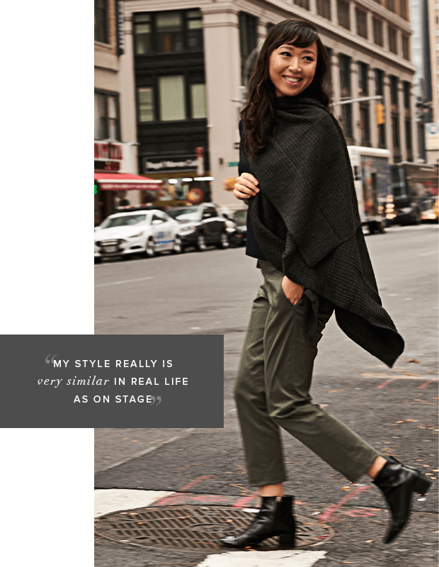 Vivian wears: Uniqlo long sleeve T blouse, $29.90; Uniqlo satin ankle pant, $39.90; Uniqlo middle gauge turtleneck vest, $29.90; Uniqlo 2-way knit stole, $29.90