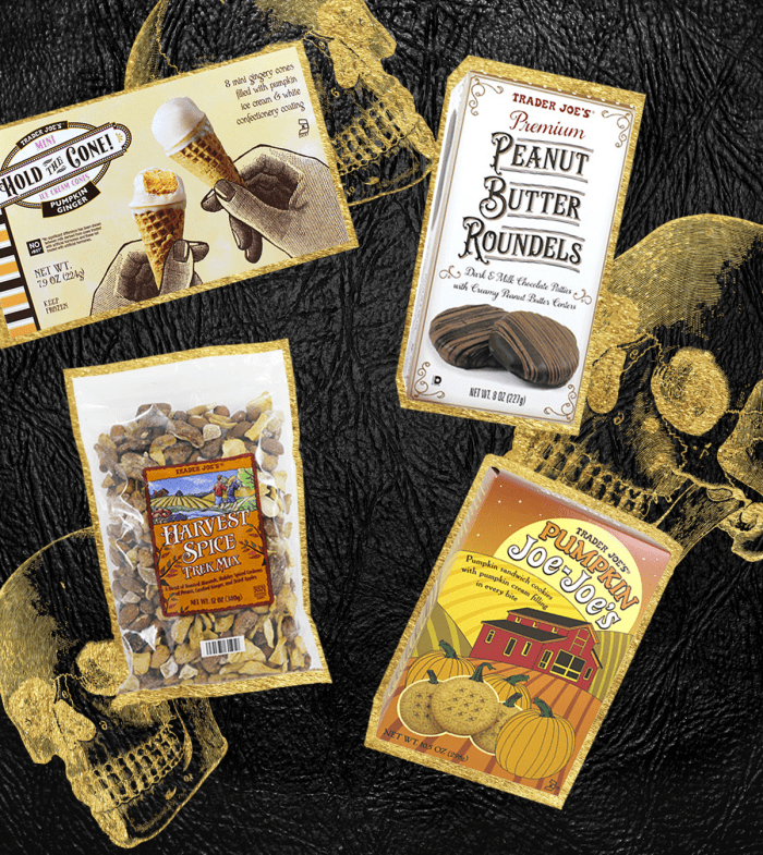 Pumpkin Ginger Ice Cream Cones, $2.99 / Peanut Butter Roundels, $3.49 / Harvest Spice Trek Mix, $6.99 / Trader Joe Joe's Cookies Dressed as Pumpkins, $2.99