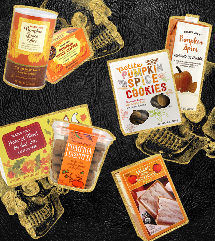 Pumpkin Spice Coffee, $7.99 / Pilgrim Joe's Pumpkin Ice Cream, $3.99 / Petite Pumpkin Spice Cookies, $2.99 / Pumpkin Spice Almond Milk, $1.99 / Pumpkin Biscotti, $3.99 / Harvest Blend Herbal Tea, $1.00 / Organic Pumpkin Toaster Pastries, $2.69