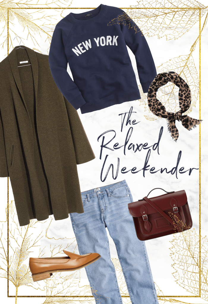 1. Sweatshirt, J.Crew, $50 / 2. Cardigan, Madewell, $178 / 3. Scarf, J.Crew, $15 / 4. Jeans, J.Crew, $125 / 5. Loafers, Everlane, $168 / 6. Purse, Cambridge Satchel Co., $240
