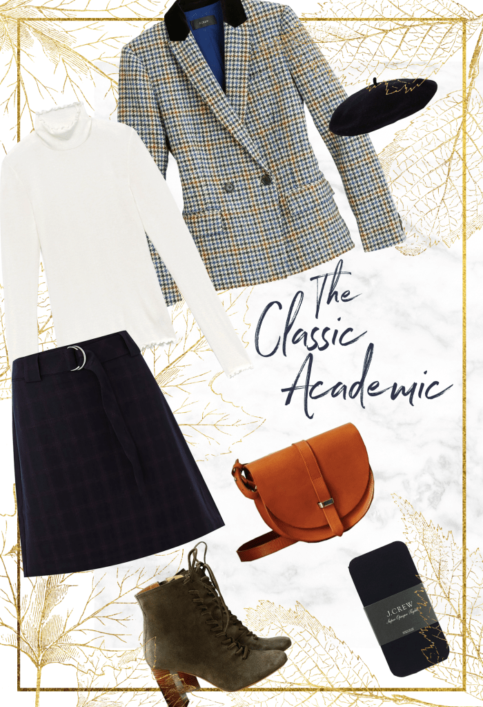 1. Blazer, J.Crew, $228 / 2. Turtleneck, Aritzia, $55 / 3. Beret, Asos, $16 / 4. Skirt, Oasis, $58 / 5. Purse, Sezane, $260 / 6. Boots, Sezane, $235 / 7. Tights, J.Crew, $20