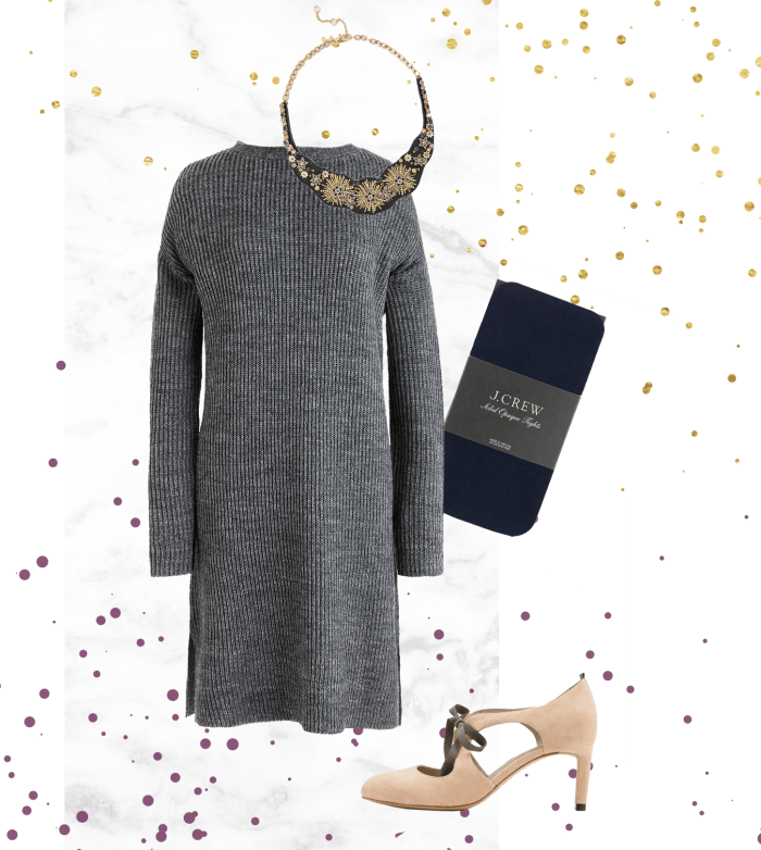 1. Dress, J.Crew, $77 / 2. Necklace, Ann Taylor, $90 / 3. Tights, J.Crew, $20 / 4. Heels, Boden, $170