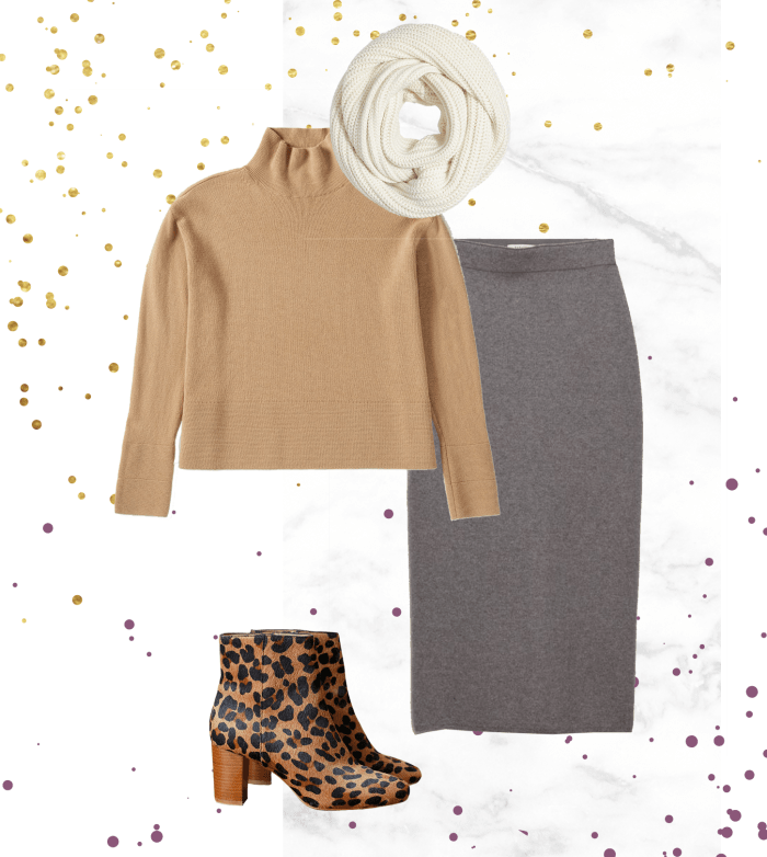 1. Sweater, Everlane, $150 / 2. Skirt, Aritzia, $145 / 3. Boots, Sézane, $240 / 4. Scarf, J.Crew, $25