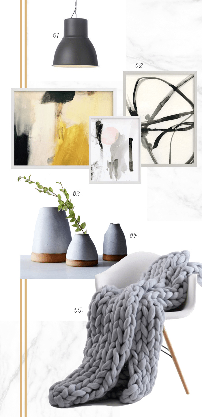 1. IKEA Hektor Pendant, 2. Minted Fine Art Prints, 3. Magnolia Market Beech Tree Stem, 4. Food52 Handthrown Dipped Ceramic Vase, 5. Amazon Eastsure Knit Blanket, Chair, Wayfair Whiteabbey Side Chair