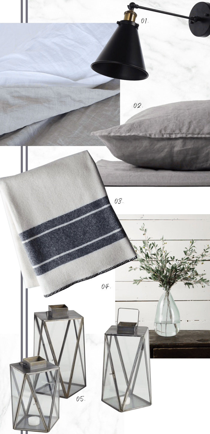 1. Overstock, Industrial Edison Antique Sconce, 2. Primary Goods, Bedding Set, 3. Food52, Amana Camp Blanket, 4. Magnolia, Olive Stem, 5. World Market, Geometric Cargo Lantern