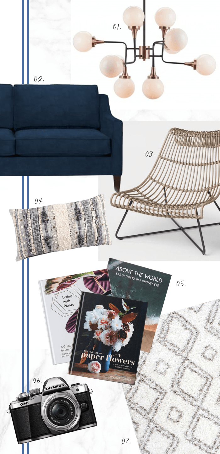 1. Lulu & Georgia, Suzie Pendant, 2. West Elm, Paidge Sofa, 3. World Market, Taupe Rattan Flynn Lounger Chair, 4. World Market, Moroccan Lumbar Pillow, 5. Anthropologie, Assorted Coffee Table Books, 6. Amazon, Olympus OMD10 Digital Camera, 7. Amazon, Nuloom Cozy Soft Moroccan Trellis