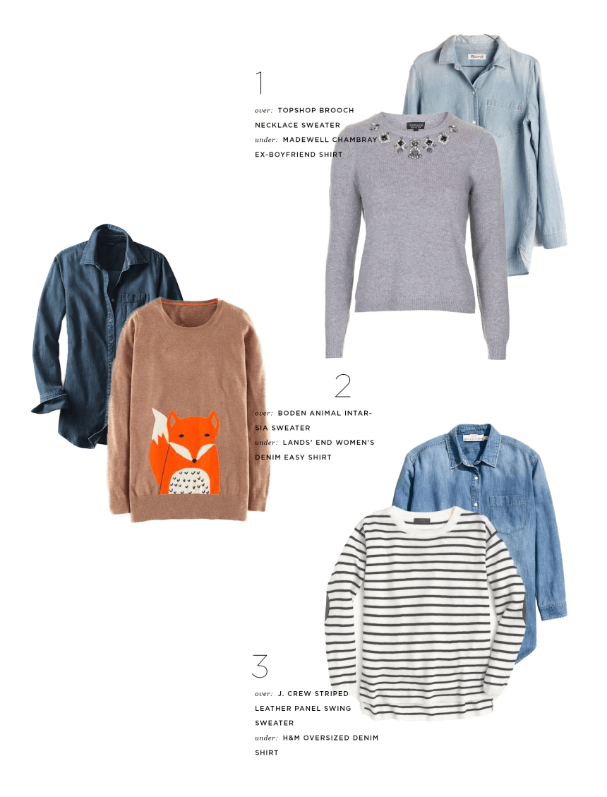 1. Chambray, Madewell, $72 & Sweater, Topshop, $75 / 2. Chambray, Lands’ End, $59 & Sweater, Boden, $138 / 3. Chambray, H&M, $35 & Sweater, J.Crew, $80