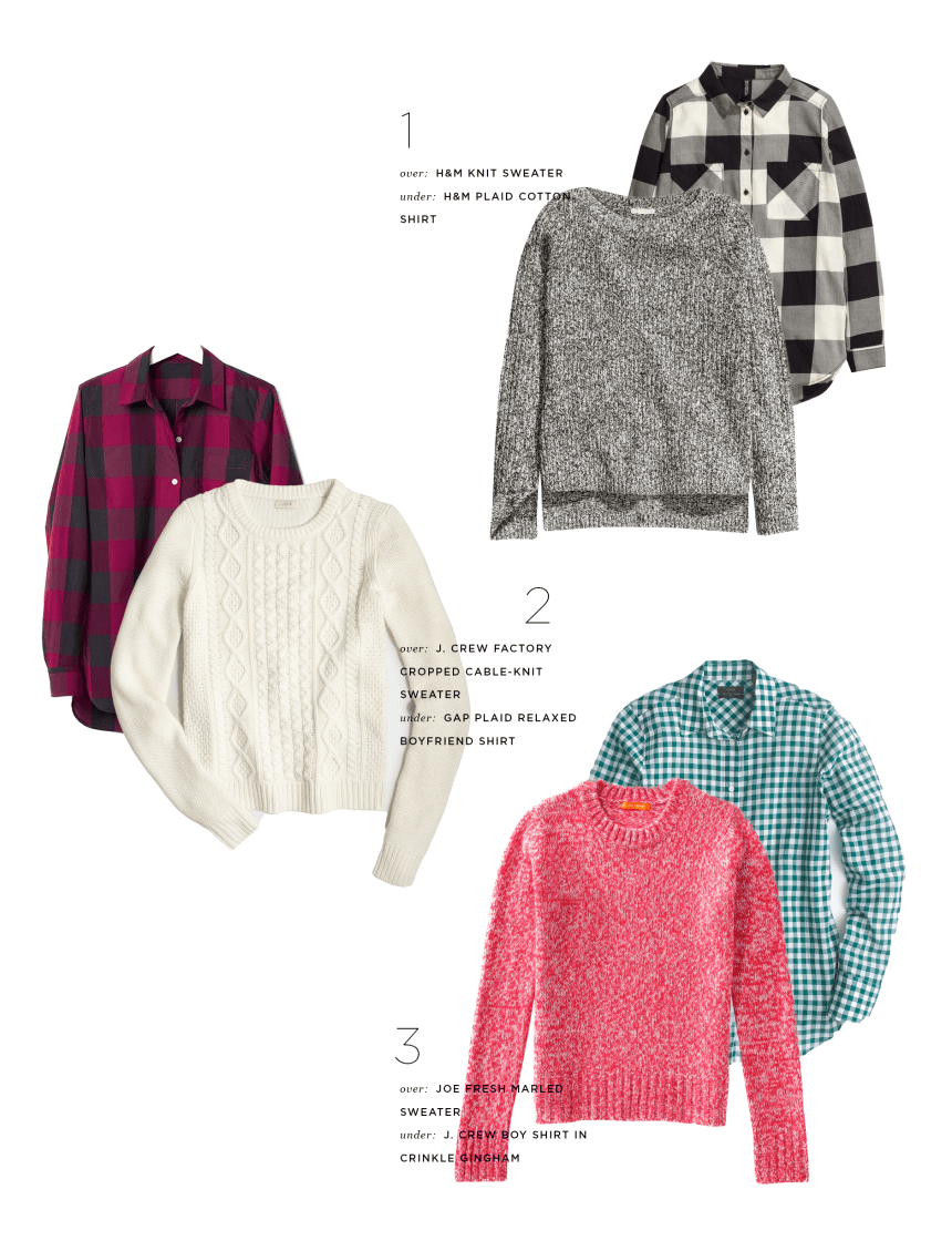 1. Plaid, H&M, $25 & Sweater, H&M, $20 / 2. Plaid, Gap, $55 & Sweater, J.Crew Factory, $53 / 3. Plaid, J.Crew, $60 & Sweater, Joe Fresh, $29