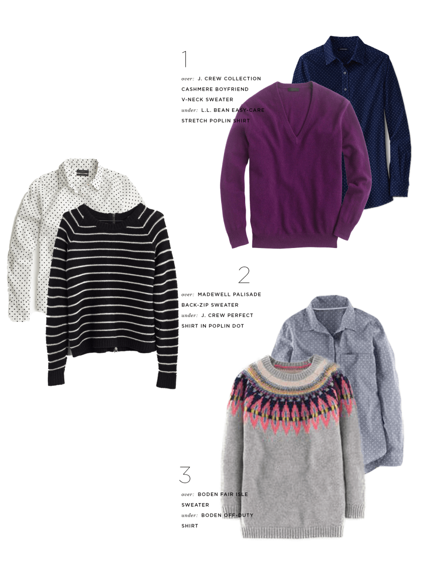 1. Polka-Dot, L.L.Bean, $30 & Sweater, J.Crew, $248 / 2. Polka-Dot, J.Crew, $60 & Sweater, Madewell, $98 / 3. Polka-Dot, Boden, $55 & Sweater, Boden, $148