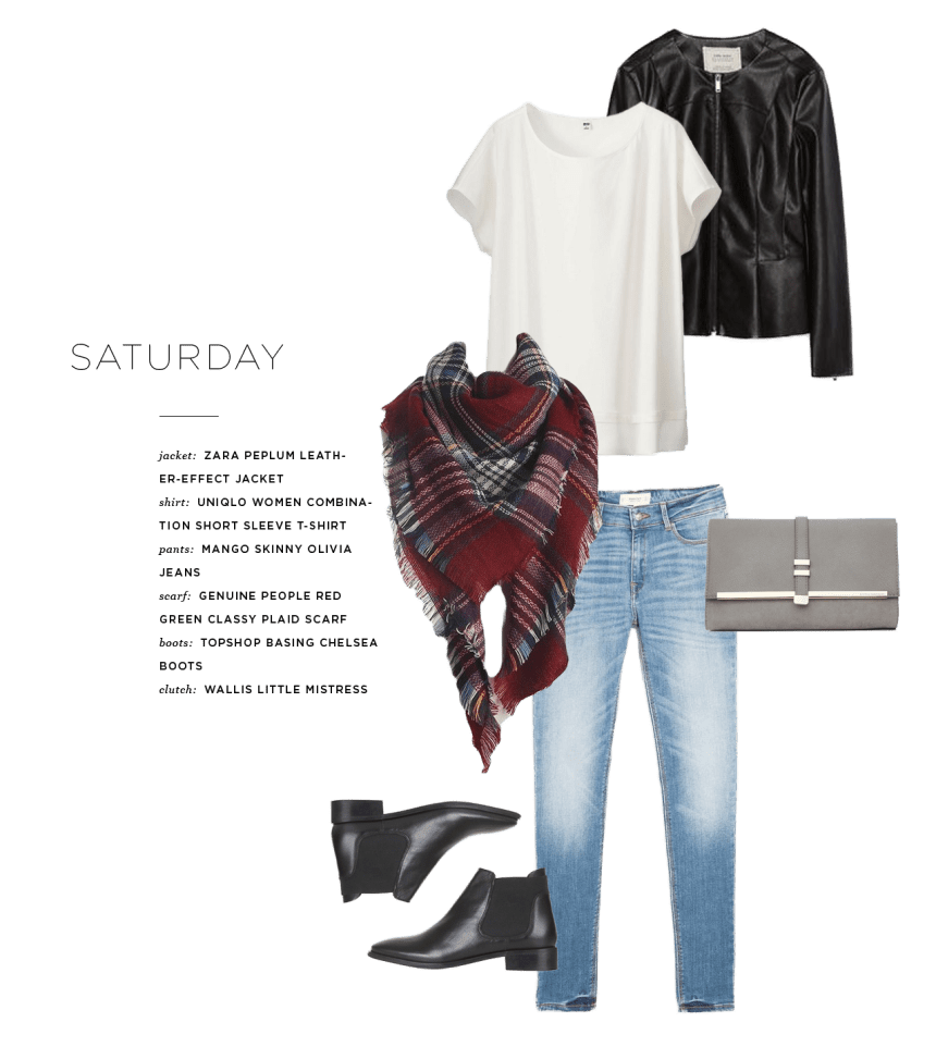 Jacket: Zara, $70 / Shirt: Uniqlo, $10 (similar) / Pants: Mango, $60 / Scarf: Genuine People, $24 / Clutch: Wallis, $35 / Boots: Topshop, $65