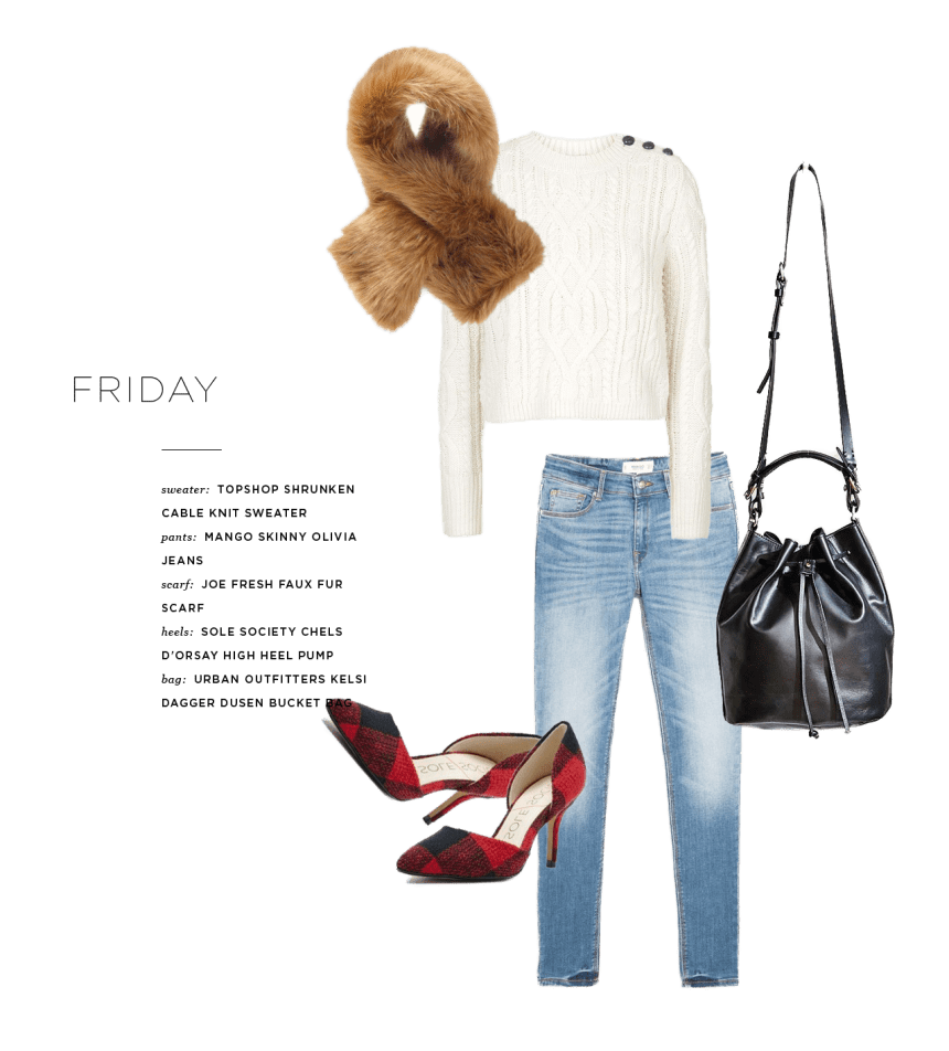 Sweater: Topshop, $75 / Pants: Mango, $60 / Scarf: Joe Fresh, $39 / Bag: Urban Outfitters, $188 / Heels: Sole Society, $75