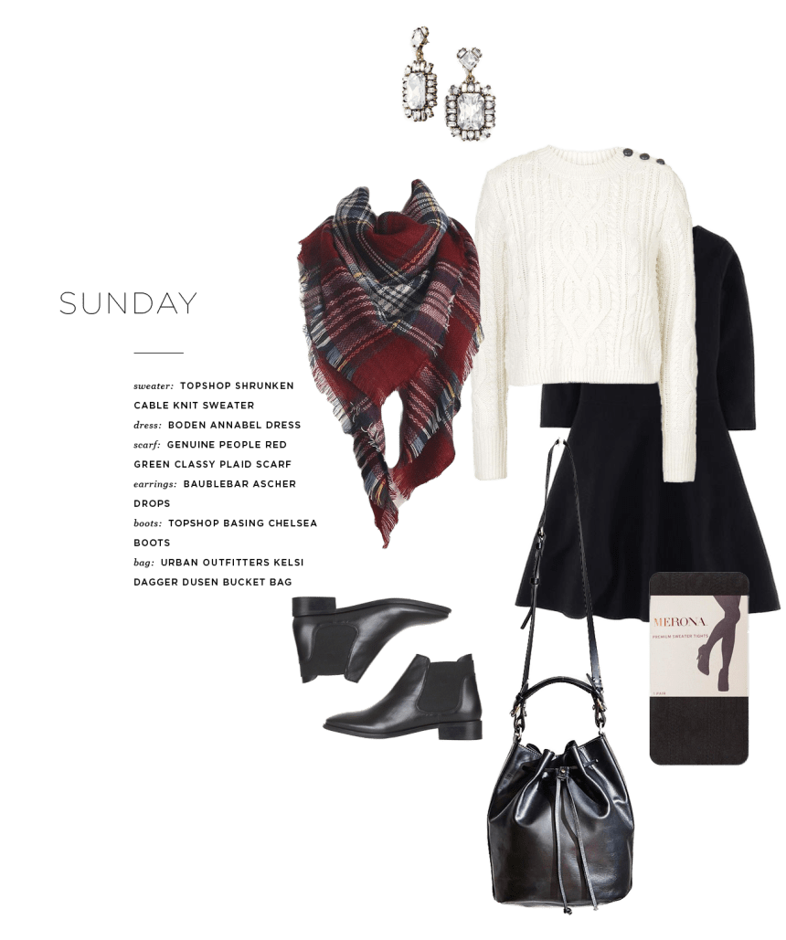 Sweater: Topshop, $75 / Dress: Boden, $149 / Tights: Target, $12 / Boots: Topshop, $65 / Scarf: Genuine People, $24 / Bag: Urban Outfitters, $188 / Earrings: BaubleBar, $34