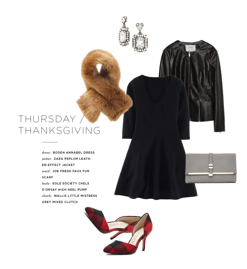 Dress: Boden, $149 / Jacket: Zara, $70 / Scarf: Joe Fresh, $39 / Earrings: BaubleBar, $34 / Clutch: Wallis, $35 / Heels: Sole Society, $75