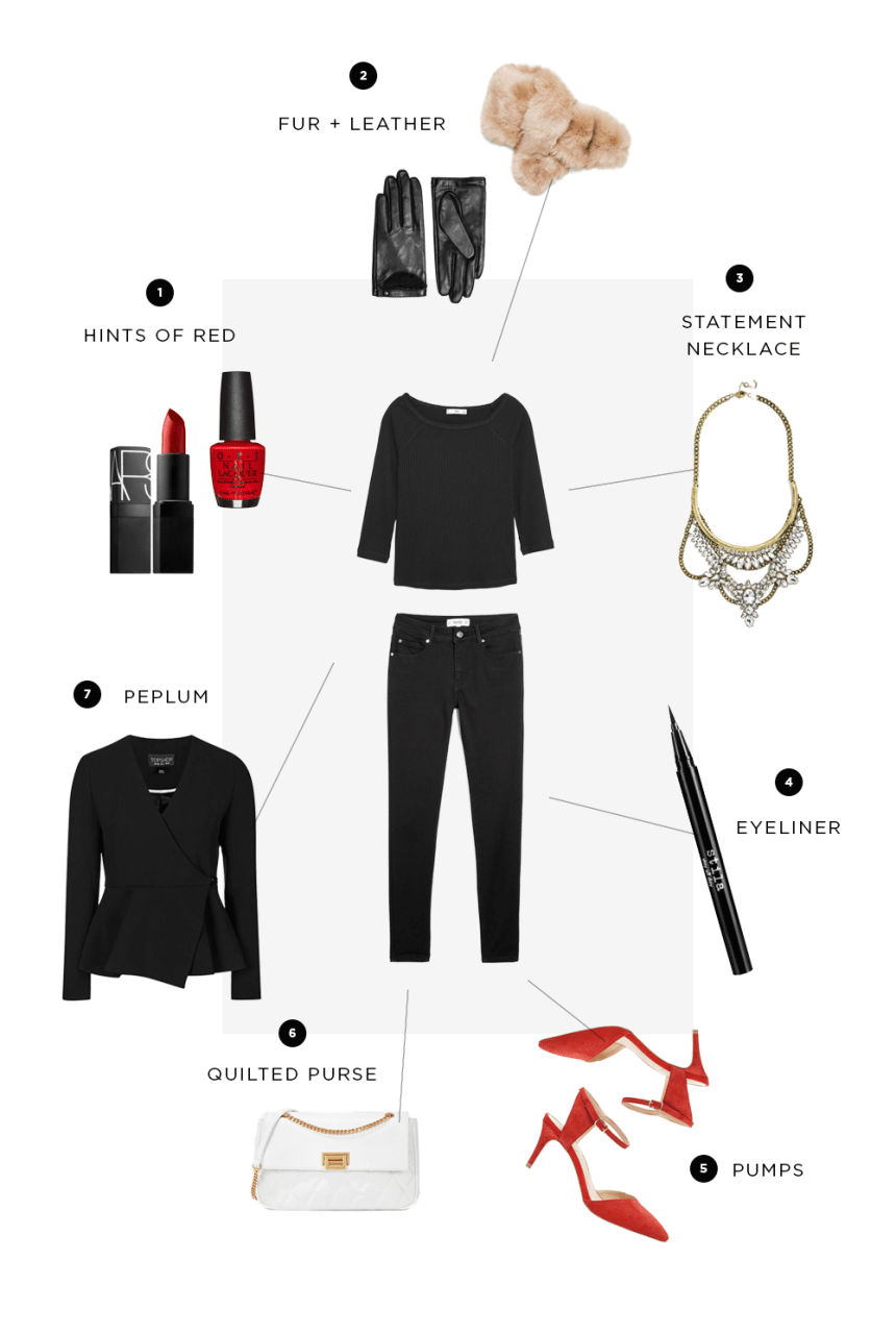 Top: Mango, $12 / Pants: Mango, $35 / 1. Lipstick, Sephora, $27; Nail Polish, Walmart, $6 / 2. Fur Stole, Zara, $20; Leather Gloves, & Other Stories, $33 / 3. Statement Necklace, BaubleBar, $68 / 4. Eyeliner, Ulta Beauty, $22 / 5. Pumps, Sole Society, $70 / 6. Quilted Purse, Charles and Keith, $79 / 7. Peplum Jacket, Topshop, $40