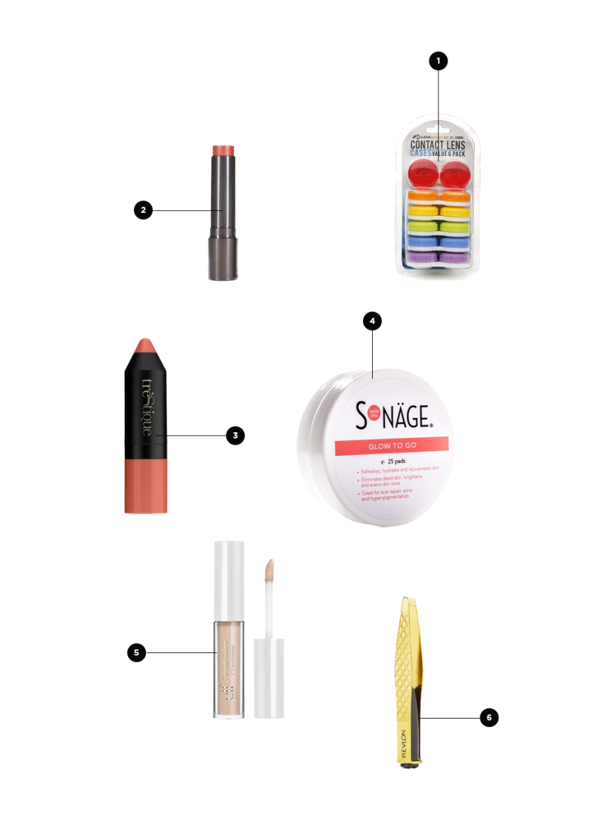 1. Contact Lens Case, $4 / 2. Berry Lip Tint, $14 / 3. Blush Stick, $34 / 4. Skin-Brightening Pads, $20 / 5. Concealer, $2 / 6. Tweezers, $14