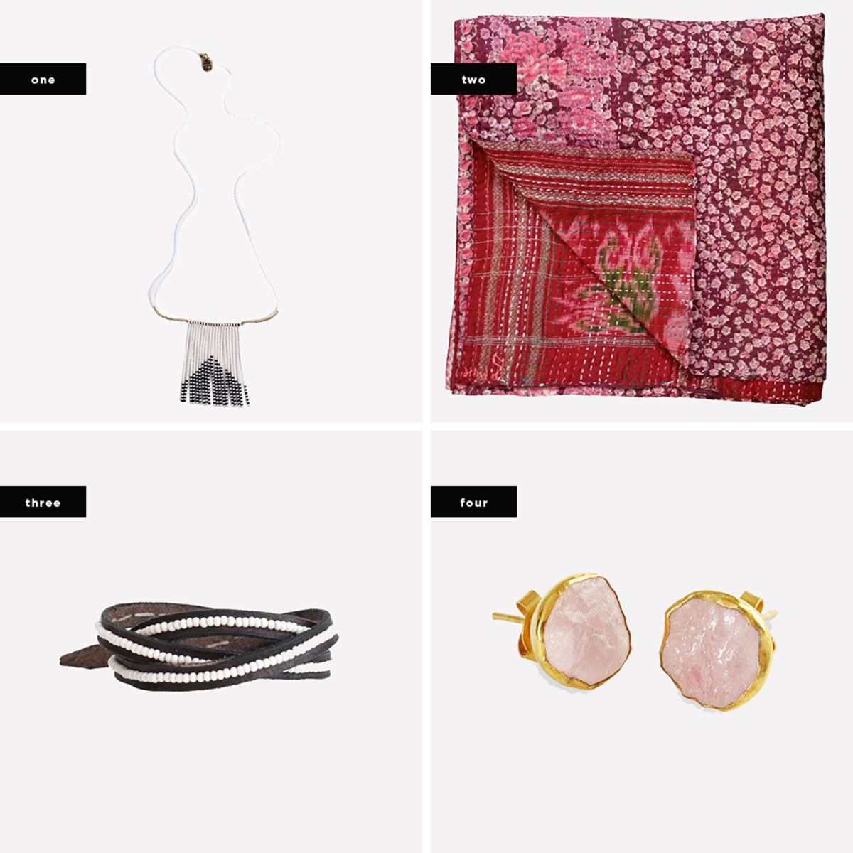1. Porcupine Naibor Necklace, $60 / 2. Cherry Red Kantha Scarf, $75 / 3. Leather Buckle Wrap Bracelet, $48 / 4. Gold Plate Pink Quartz Studs, $109