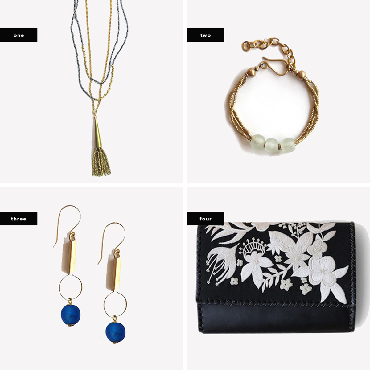 1. Alanna Masaai Beaded Tassel Necklace, $32 / 2. Anga Glass Tri-Bead Bracelet, $32 / 3. Mvua Glass Bead Drop Earrings, $22 / 4. Dama Clutch, $198
