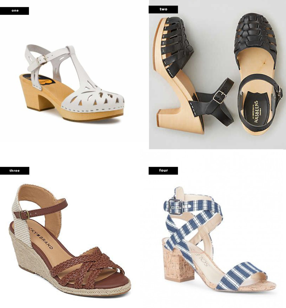 1. Swedish Hasbeens, $229 / 2. American Eagle Outfitters, $259 / 3. Lucky Brand, $69 / 4. Sole Society, $70