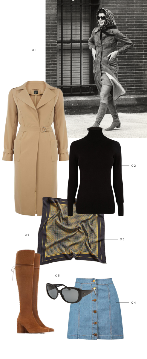 Jackie O style icon outfit inspiration classic timeless feminine classy fashion shopping black and white suede and camel luxe 1970s style vintage demure white matching set